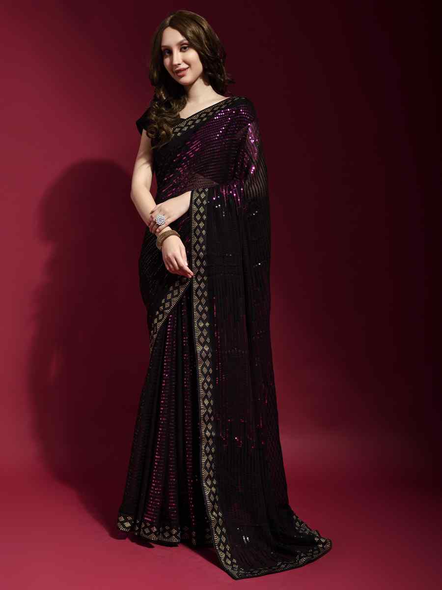 Purple Georgette Sequins Party Cocktail Classic Style Saree