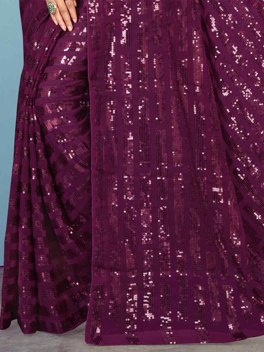 Purple Georgette Sequins Party Festival Classic Style Saree