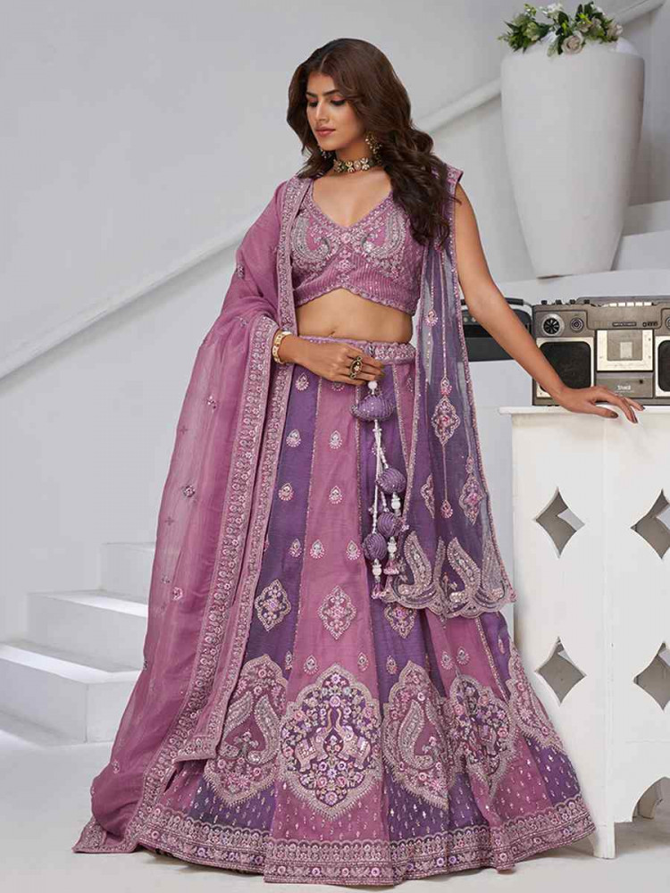 Image of Purple Georgette Tissue Embroidered Wedding Reception Festival Heavy Border Lehenga Choli