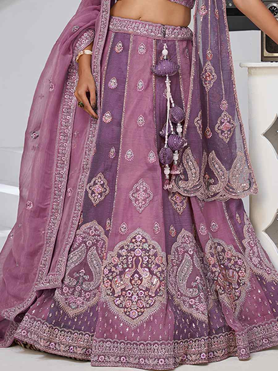 Purple Georgette Tissue Embroidered Wedding Reception Festival Heavy Border Lehenga Choli