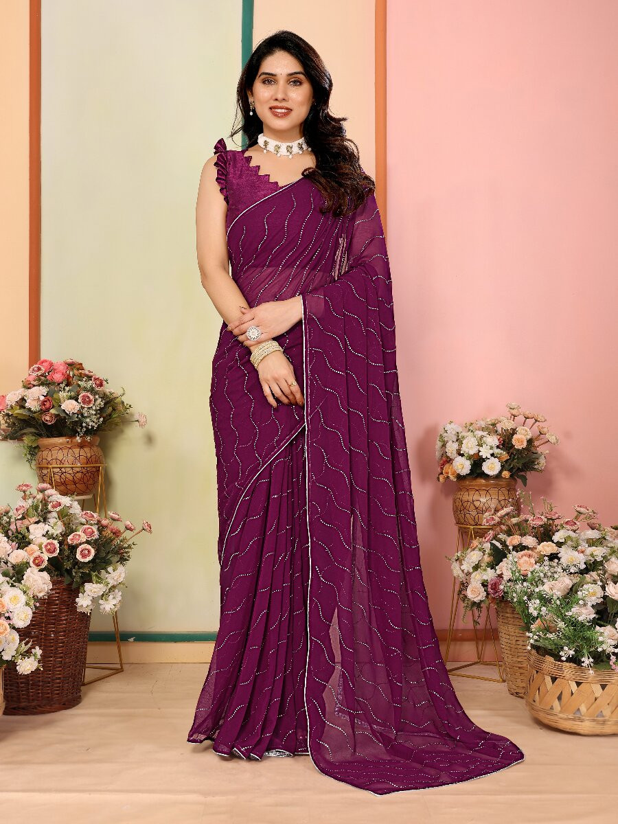 Purple Georgette Traditional Wedding Reception Party Festival Casual Classic Style Sarees