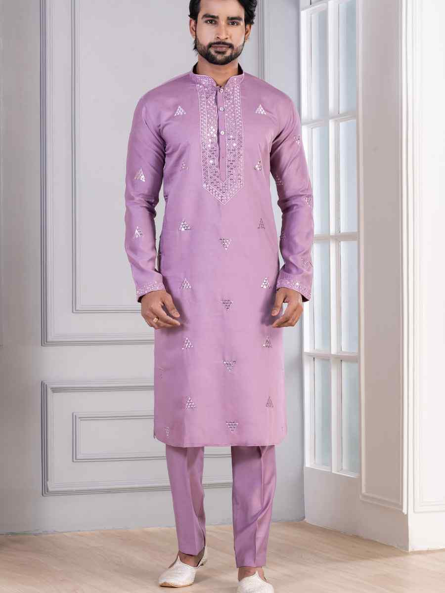 Purple Glame Cotton Embroidery Festival Wedding Party Mens Kurta