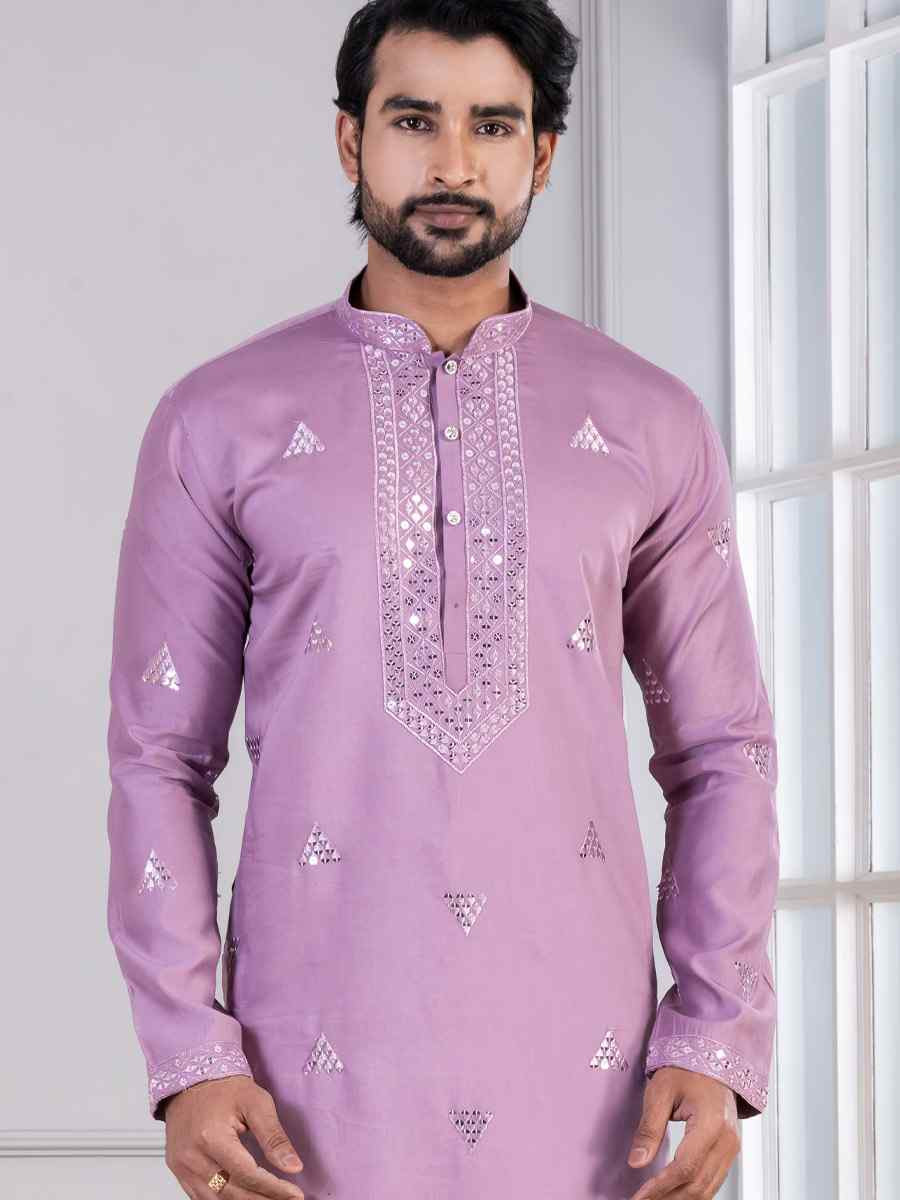 Purple Glame Cotton Embroidery Festival Wedding Party Mens Kurta