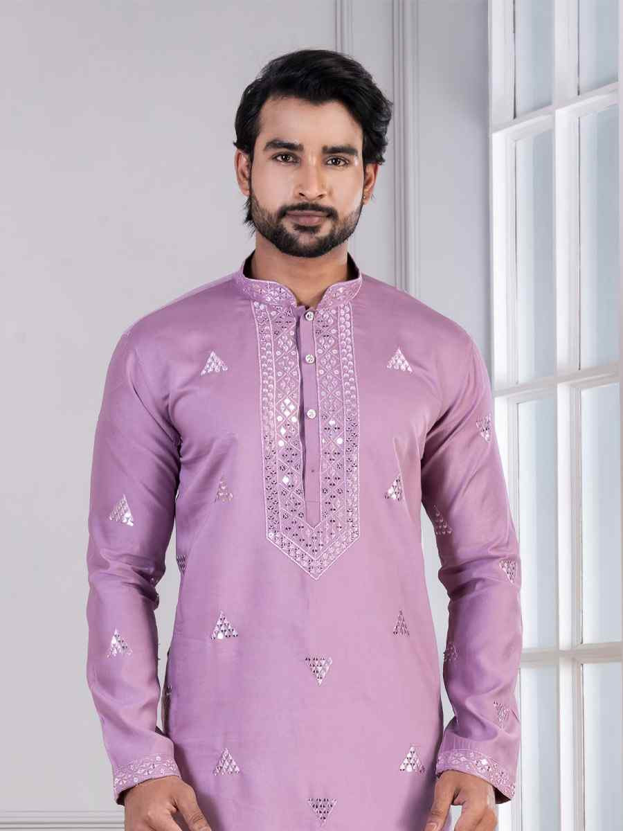 Purple Glame Cotton Embroidery Festival Wedding Party Mens Kurta