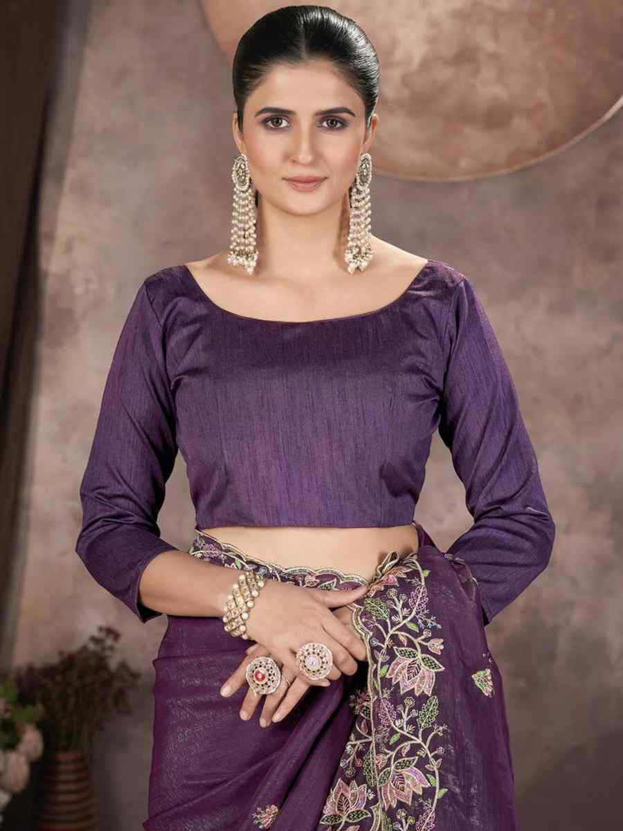 Purple Gold Crunchy Embroidered Casual Festival Classic Style Saree