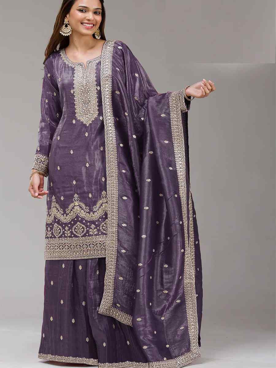 Purple Gold Crush Embroidery Party Wedding Festival Casual Palazzo Pant Salwar Kameez