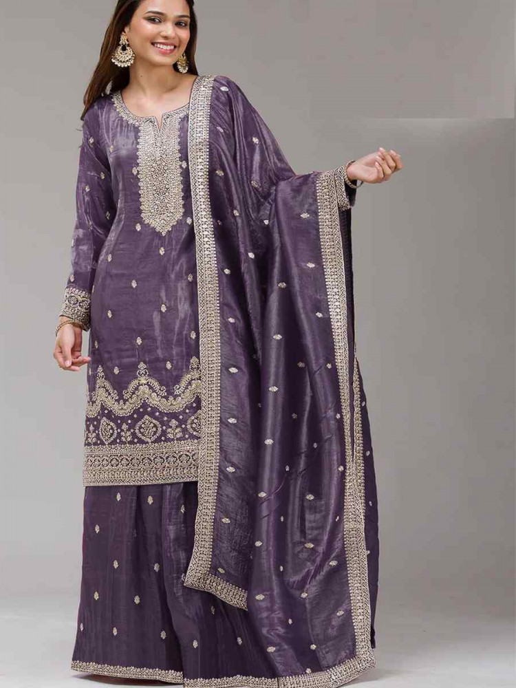 Image of Purple Gold Crush Embroidery Party Wedding Festival Casual Palazzo Pant Salwar Kameez
