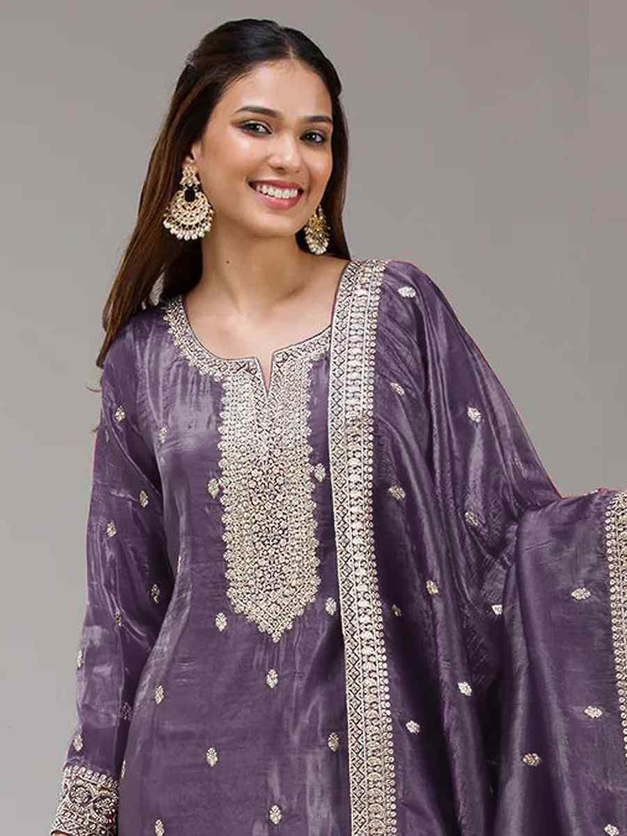 Purple Gold Crush Embroidery Party Wedding Festival Casual Palazzo Pant Salwar Kameez