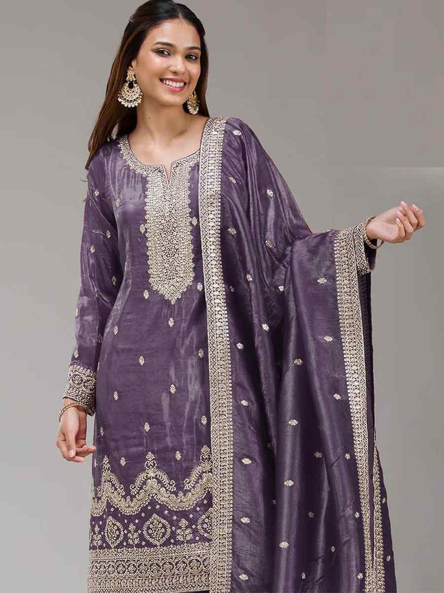 Purple Gold Crush Embroidery Party Wedding Festival Casual Palazzo Pant Salwar Kameez