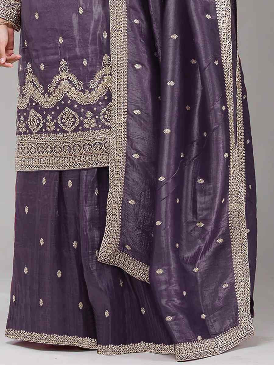 Purple Gold Crush Embroidery Party Wedding Festival Casual Palazzo Pant Salwar Kameez