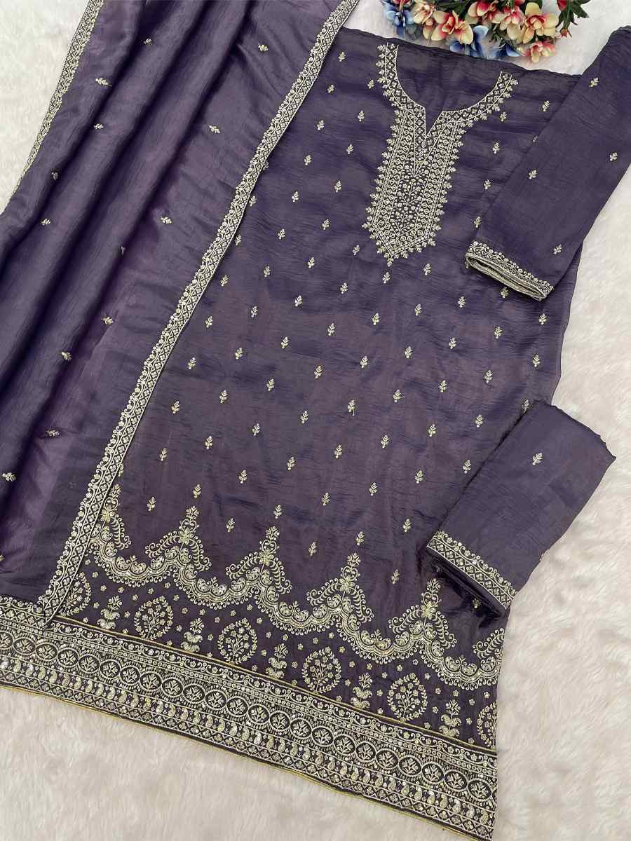 Purple Gold Crush Embroidery Party Wedding Festival Casual Palazzo Pant Salwar Kameez
