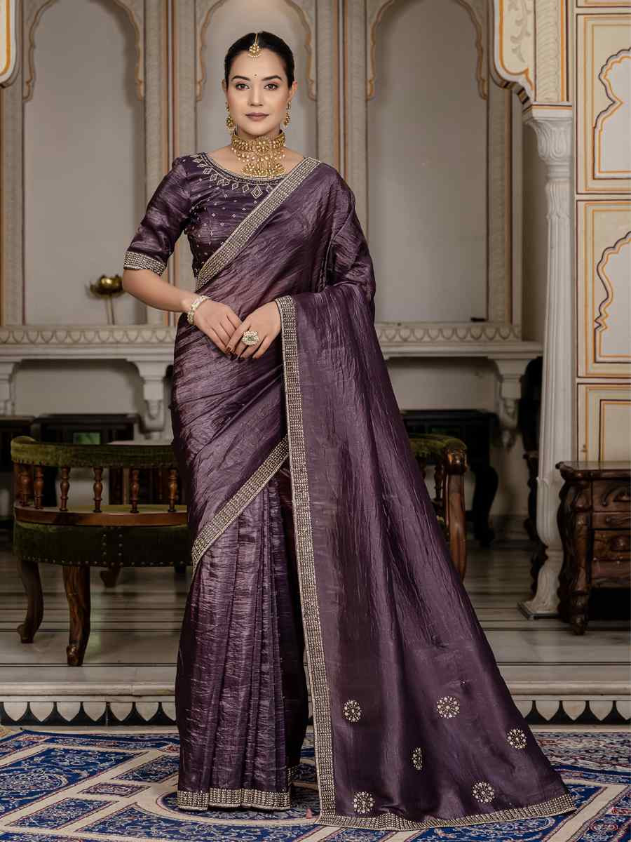 Purple Gold Crush Silk Embroidered Festival Wedding Fancy Heavy Border Saree
