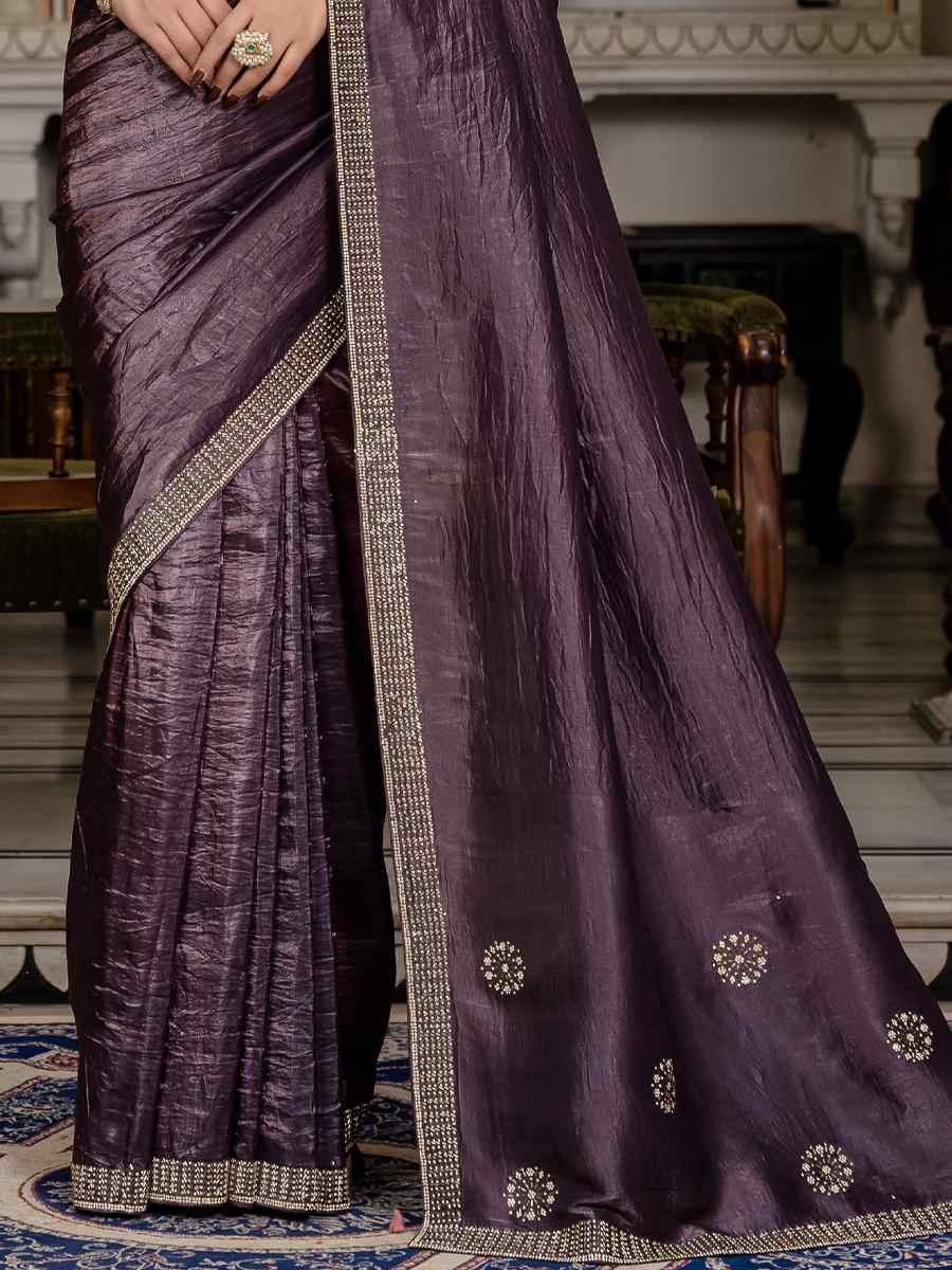 Purple Gold Crush Silk Embroidered Festival Wedding Fancy Heavy Border Saree