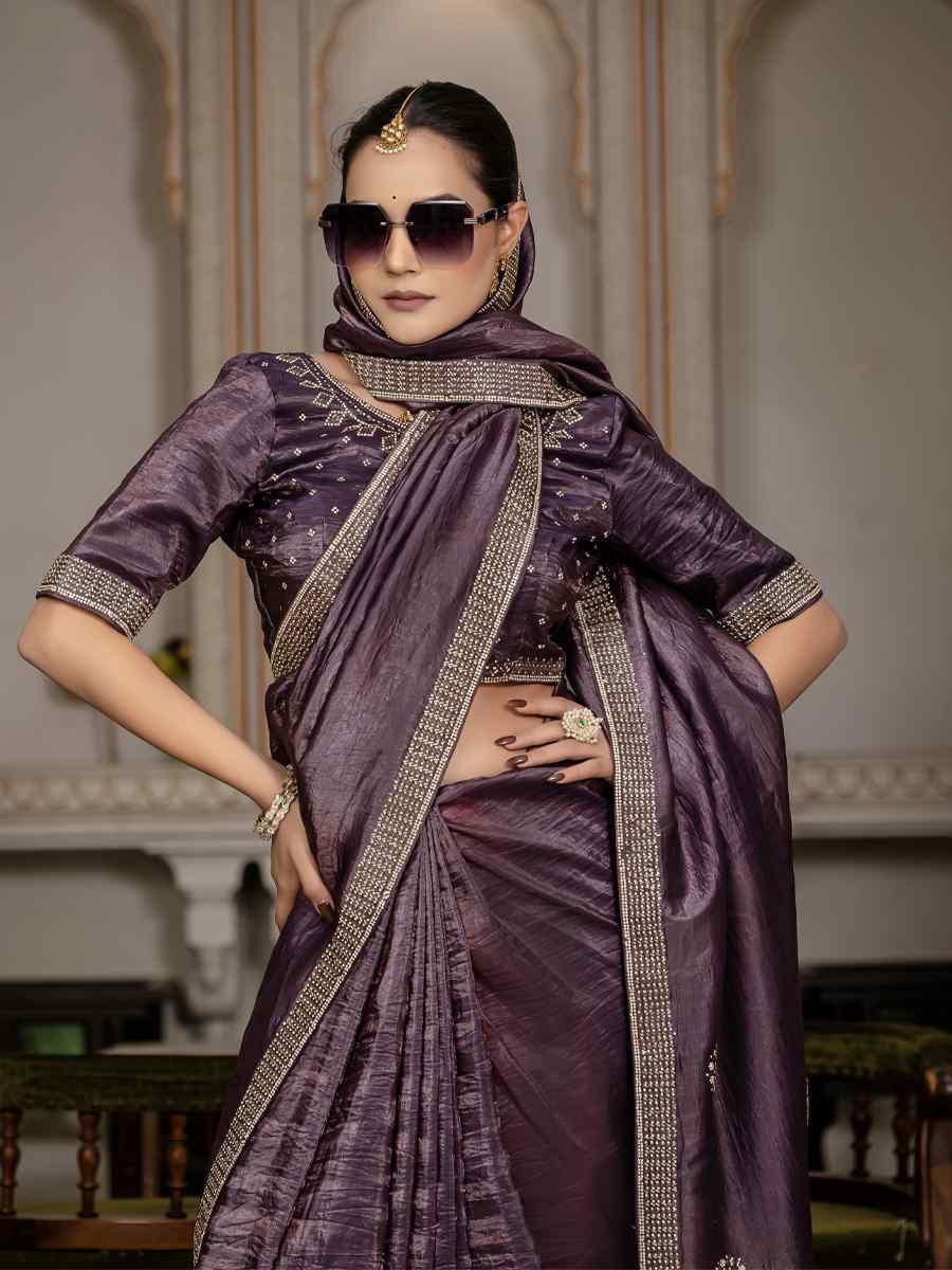 Purple Gold Crush Silk Embroidered Festival Wedding Fancy Heavy Border Saree