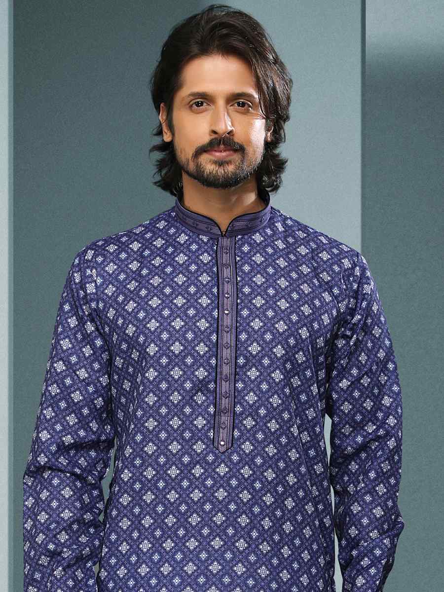 Purple Hand Loomed In Rich Yarns Of Cotton Printed Festival Kurta