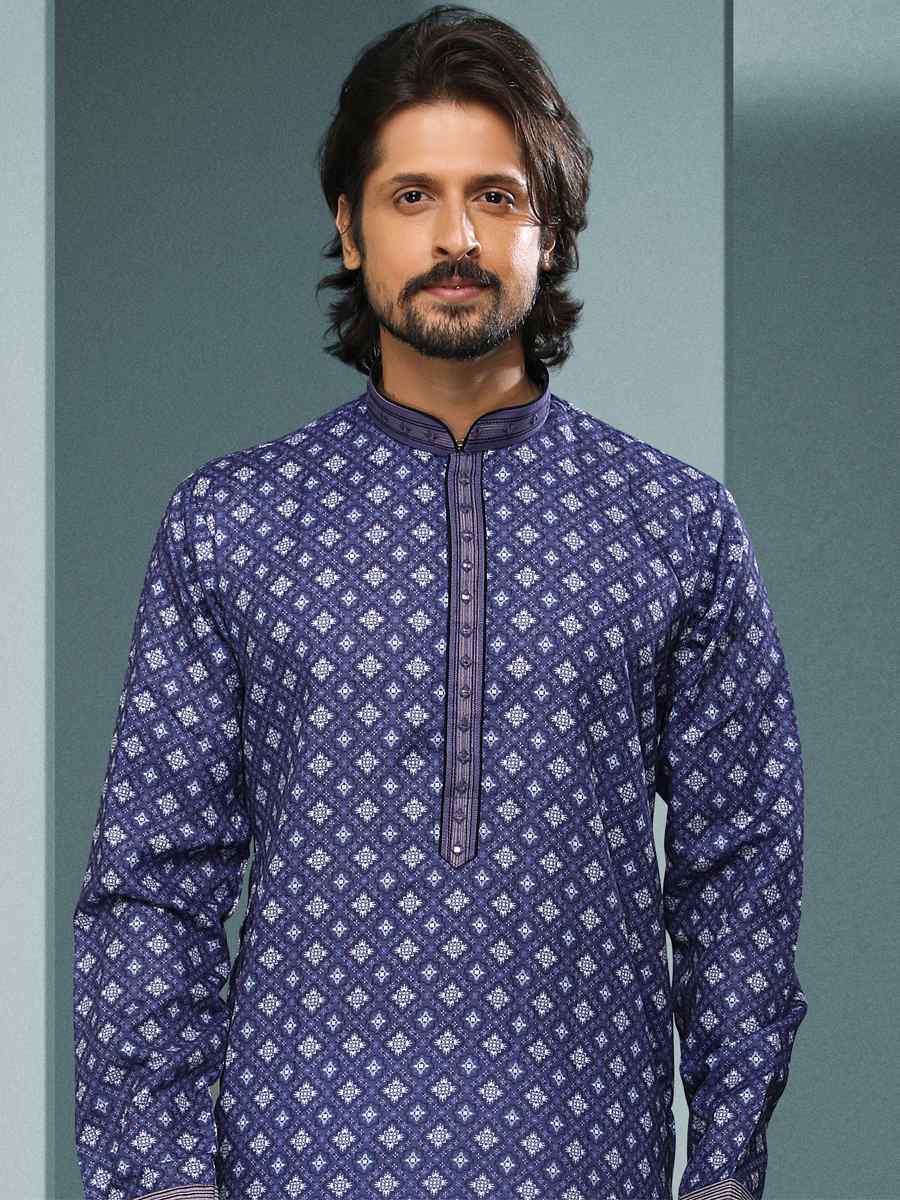 Purple Hand Loomed In Rich Yarns Of Cotton Printed Festival Kurta