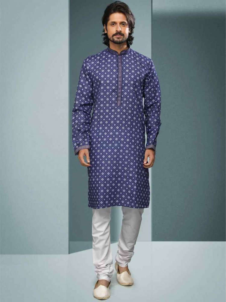 Purple Hand Loomed In Rich Yarns Of Cotton Printed Festival Kurta