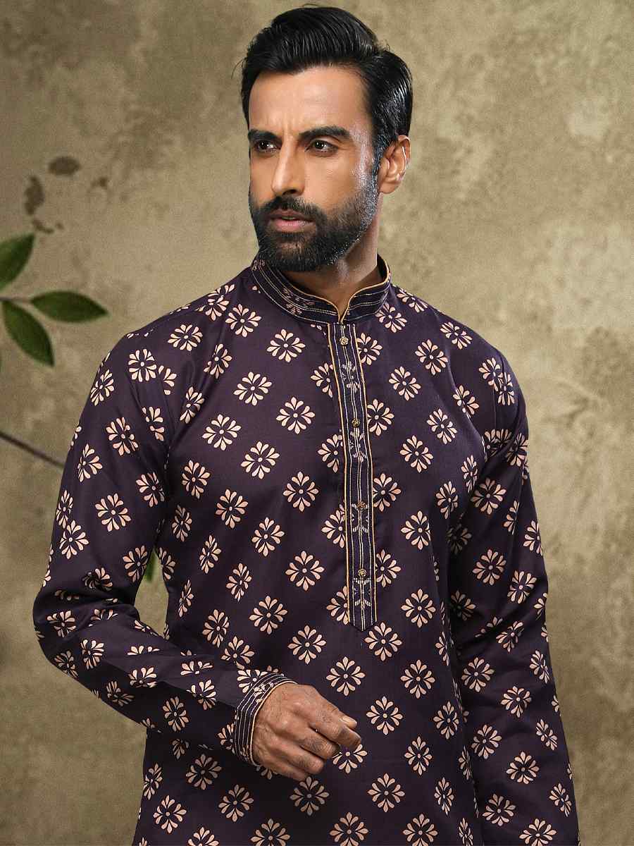 Purple Hand Loomed In Rich Yarns Of Cotton Printed Festival Party Kurta