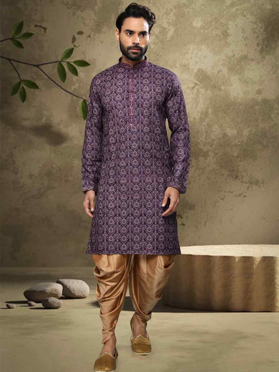 Purple Hand Loomed In Rich Yarns Of Cotton Printed Festival Party Kurta