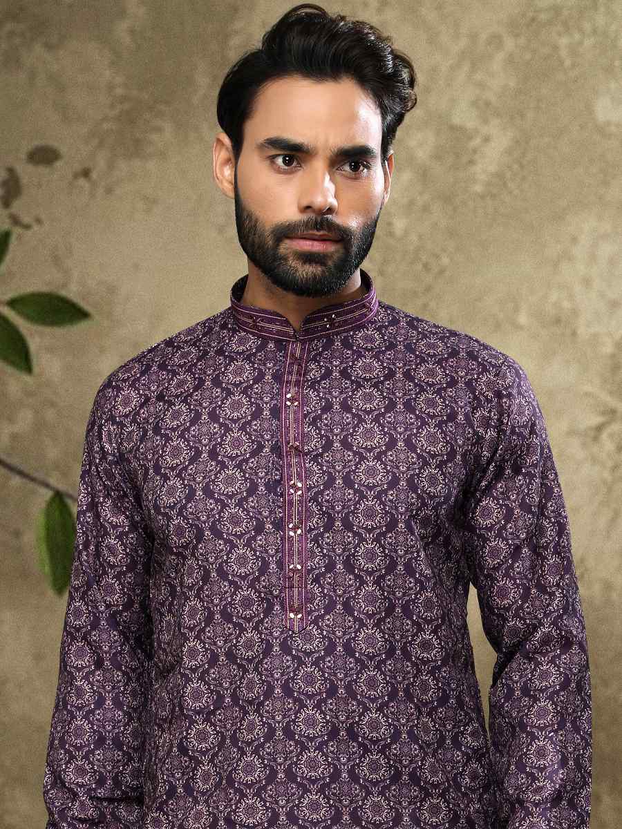 Purple Hand Loomed In Rich Yarns Of Cotton Printed Festival Party Kurta