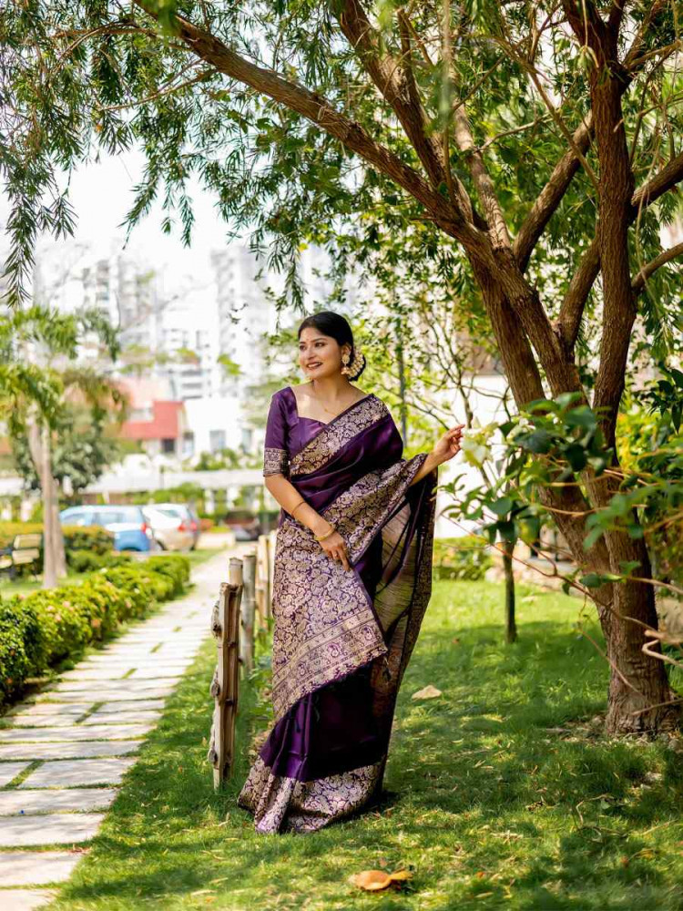 Image of Purple Handloom Raw Silk Handwoven Casual Reception Festival Wedding Fancy Classic Style Sarees