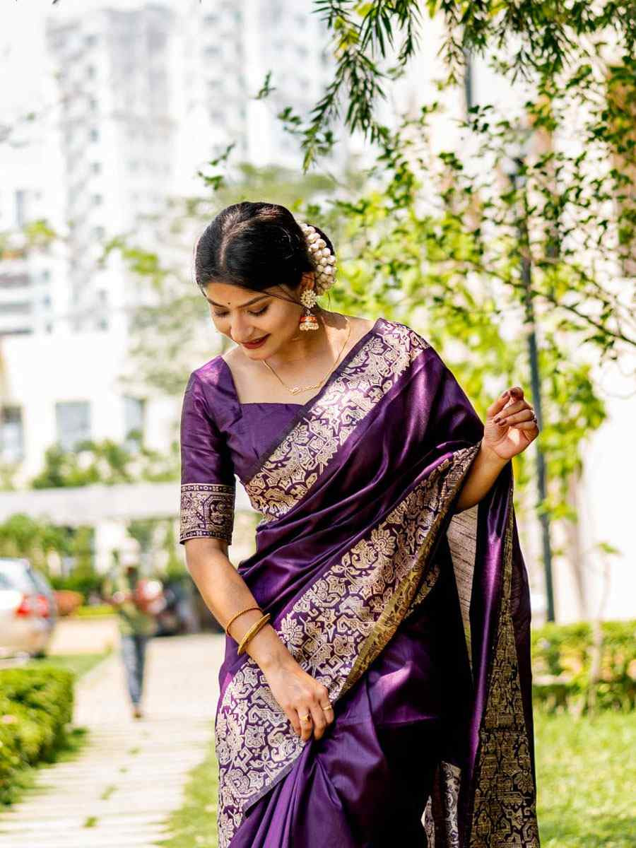 Purple Handloom Raw Silk Handwoven Casual Reception Festival Wedding Fancy Classic Style Sarees