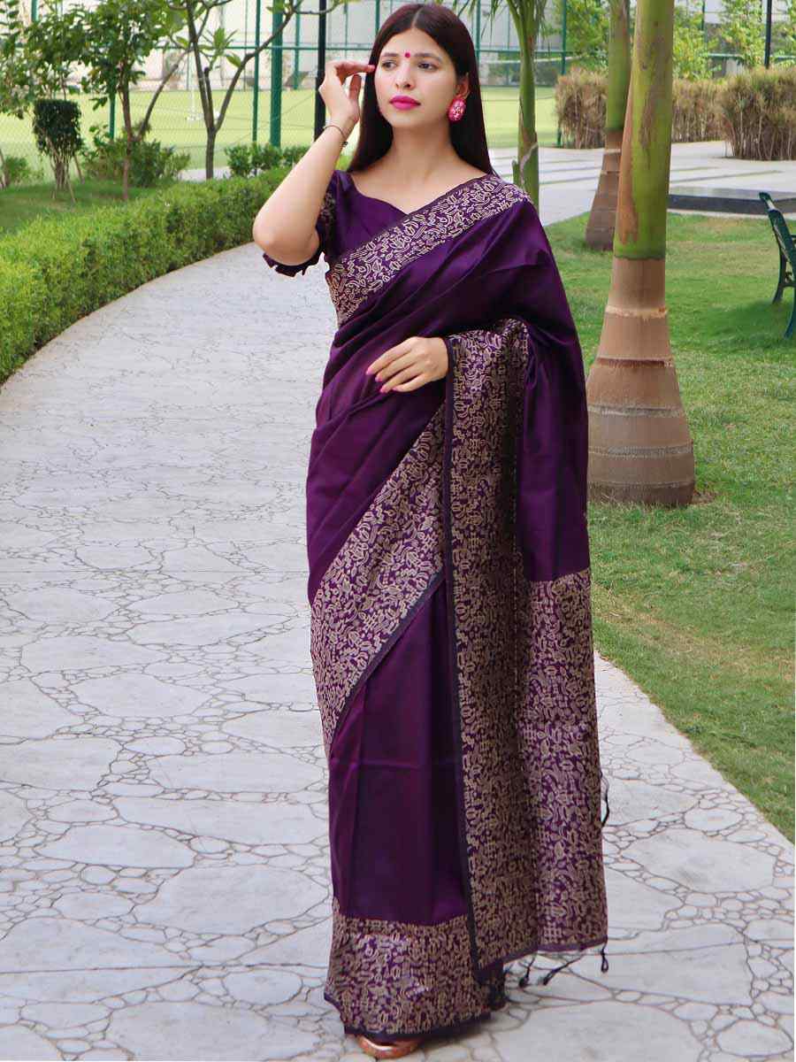 Purple Handloom Raw Silk Handwoven Wedding Festival Heavy Border Saree
