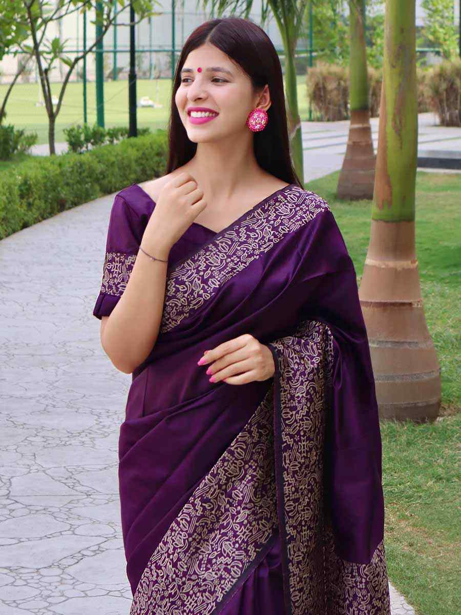 Purple Handloom Raw Silk Handwoven Wedding Festival Heavy Border Saree