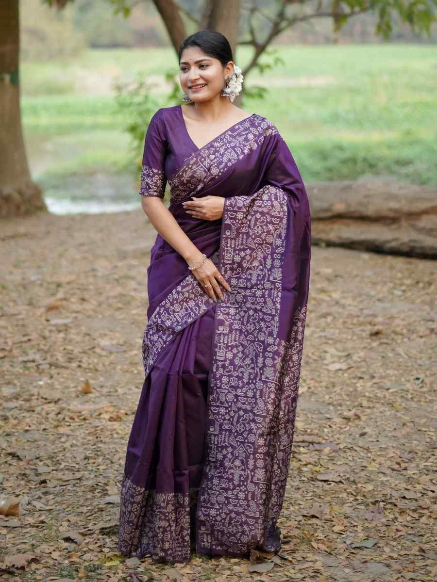 Purple Handloom Raw Silk Printed Festival Wedding Fancy Heavy Border Saree