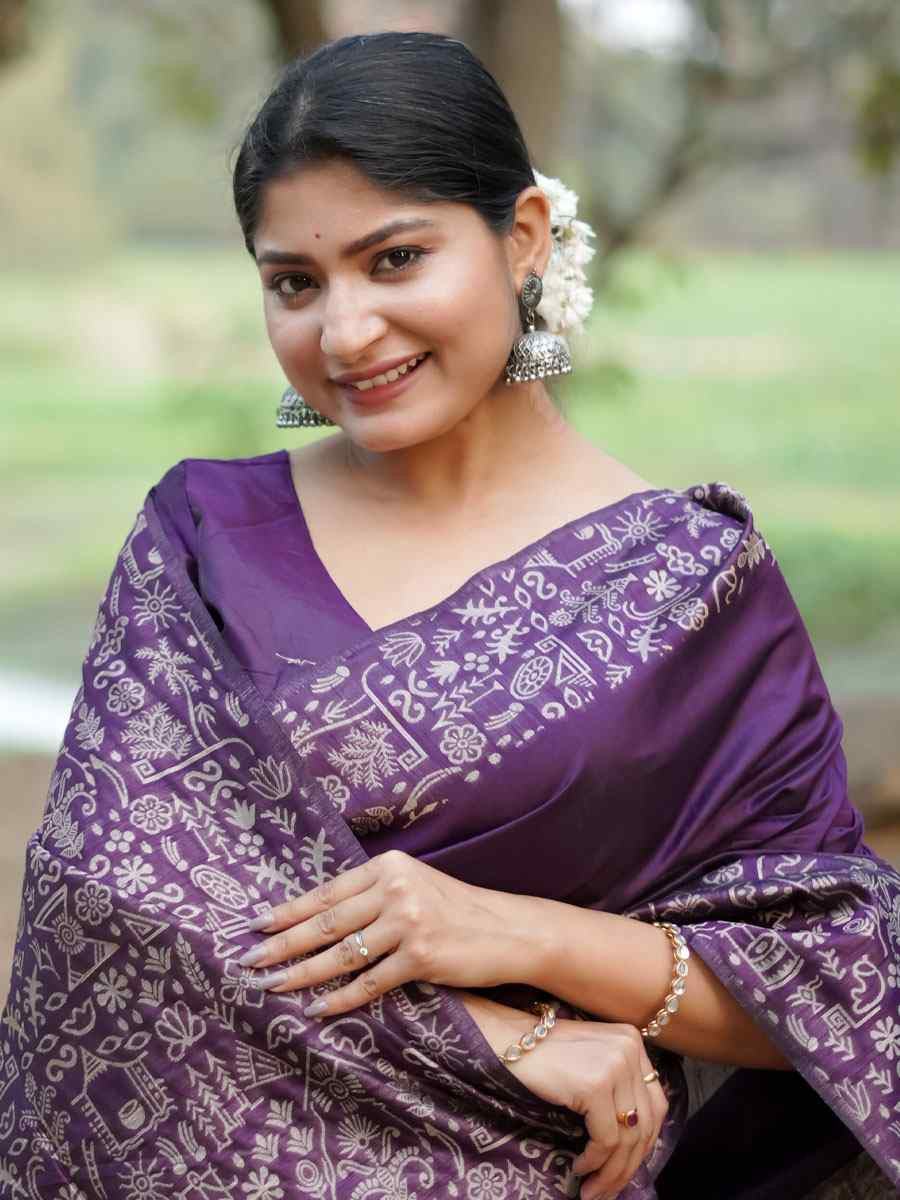 Purple Handloom Raw Silk Printed Festival Wedding Fancy Heavy Border Saree