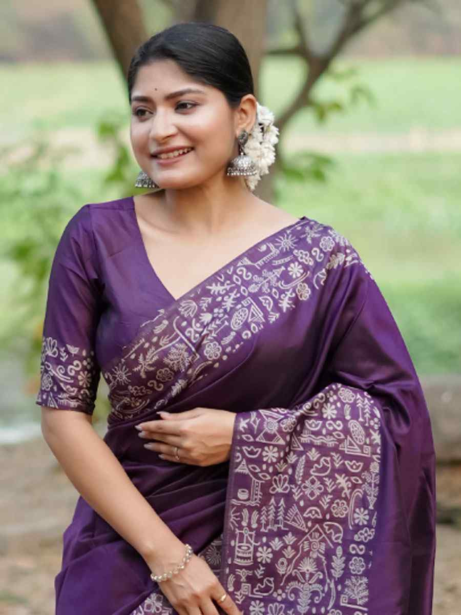 Purple Handloom Raw Silk Printed Festival Wedding Fancy Heavy Border Saree