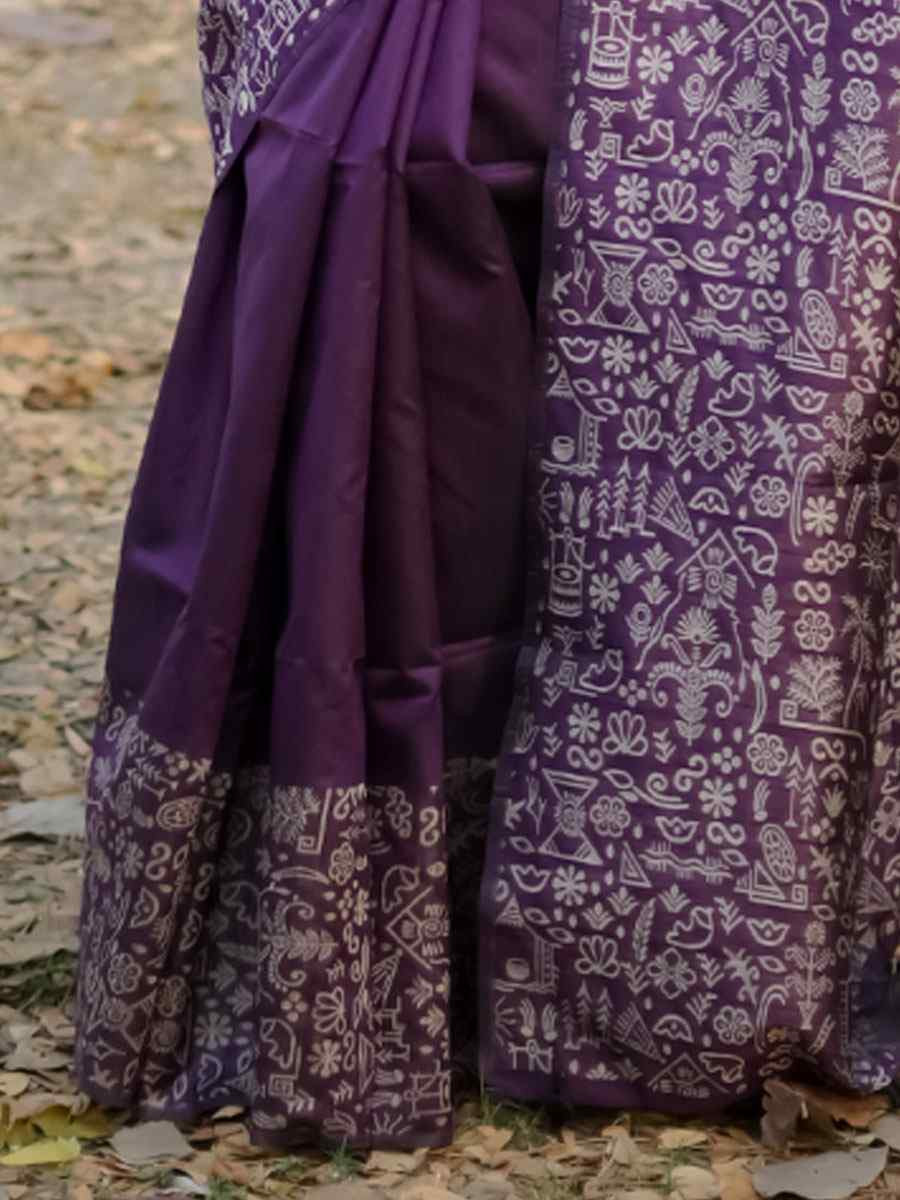 Purple Handloom Raw Silk Printed Festival Wedding Fancy Heavy Border Saree