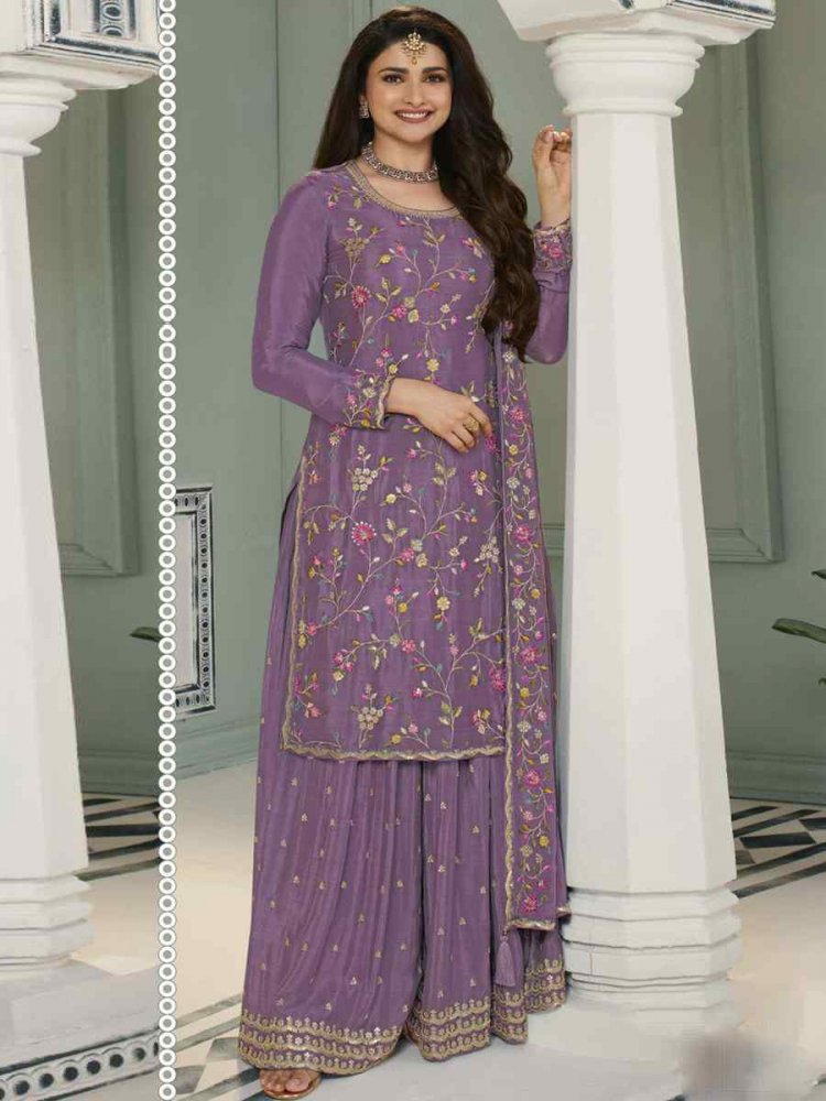 Purple Heavy Blooming Viscose Chinon Embroidered Festival Wedding Palazzo Pant Bollywood Style Salwar Kameez