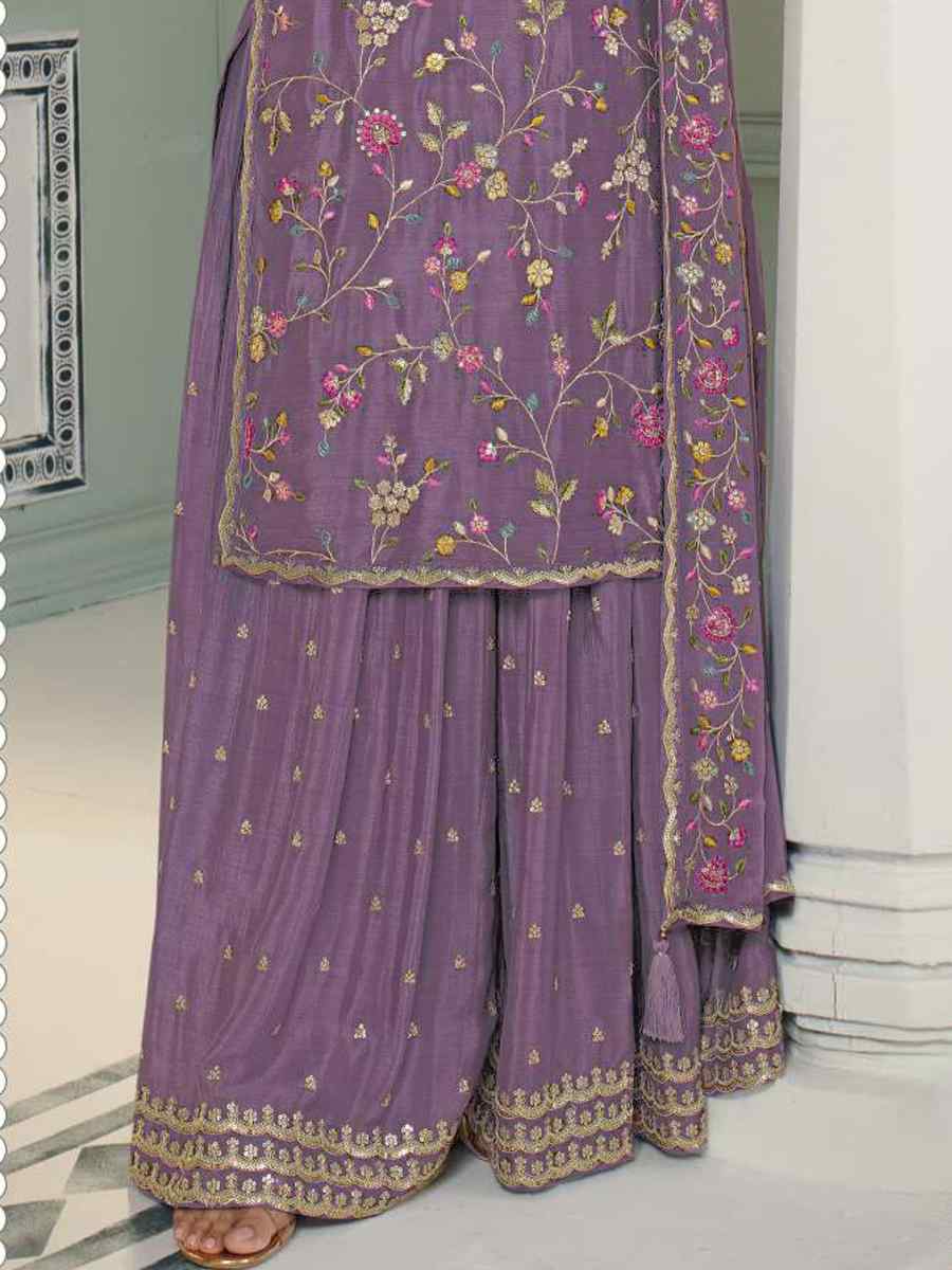 Purple Heavy Blooming Viscose Chinon Embroidered Festival Wedding Palazzo Pant Bollywood Style Salwar Kameez