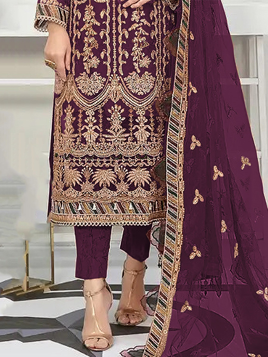 Purple Heavy Butterfly Net Embroidered Festival Party Pant Salwar Kameez