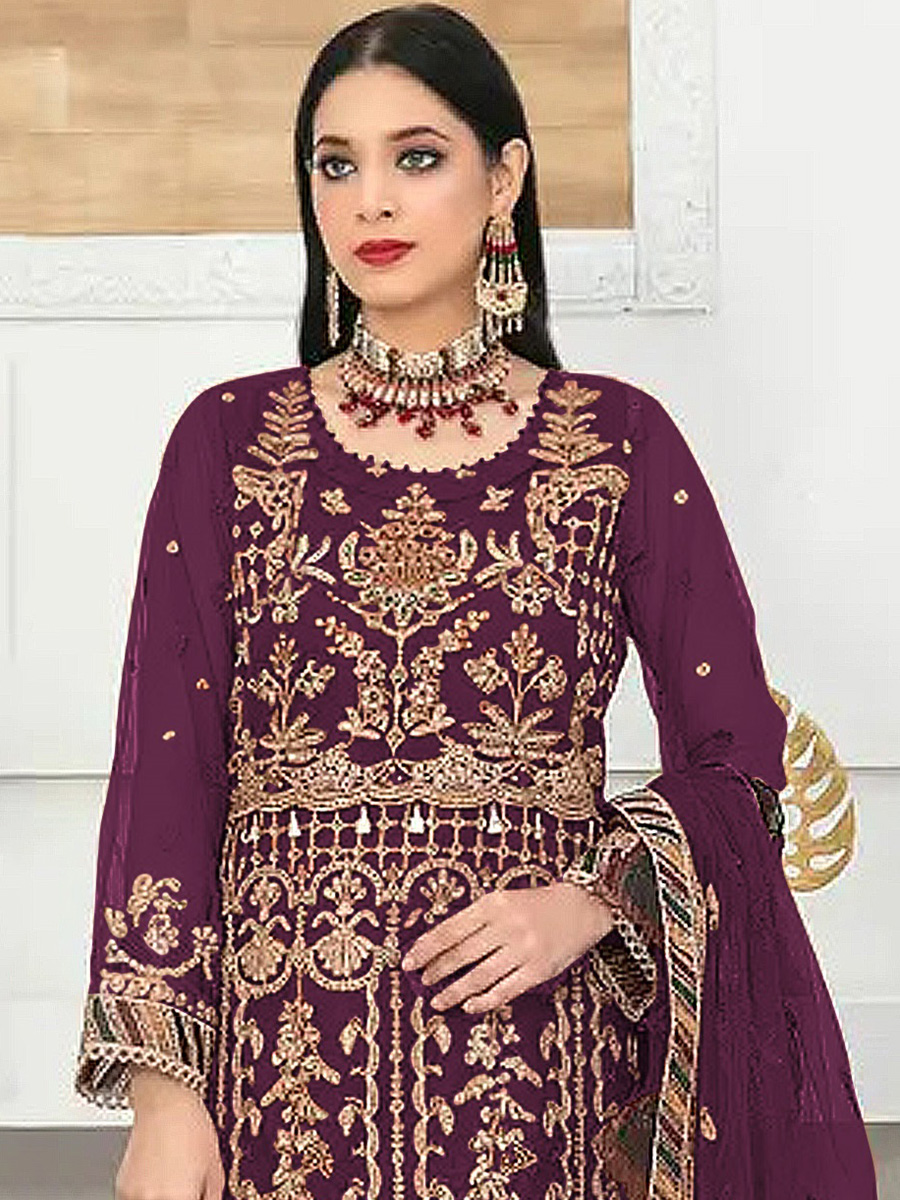 Purple Heavy Butterfly Net Embroidered Festival Party Pant Salwar Kameez