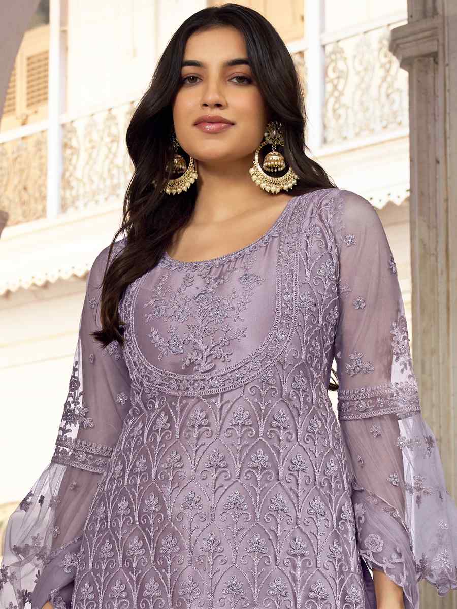 Purple Heavy Butterfly Net Embroidered Festival Wedding Pant Salwar Kameez
