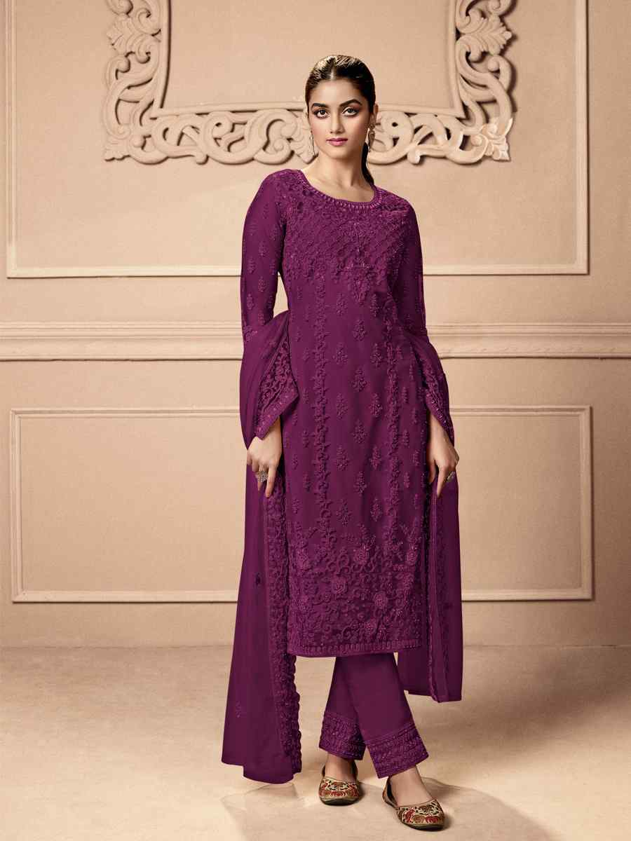 Purple Heavy Butterfly Net Embroidered Festival Wedding Pant Salwar Kameez