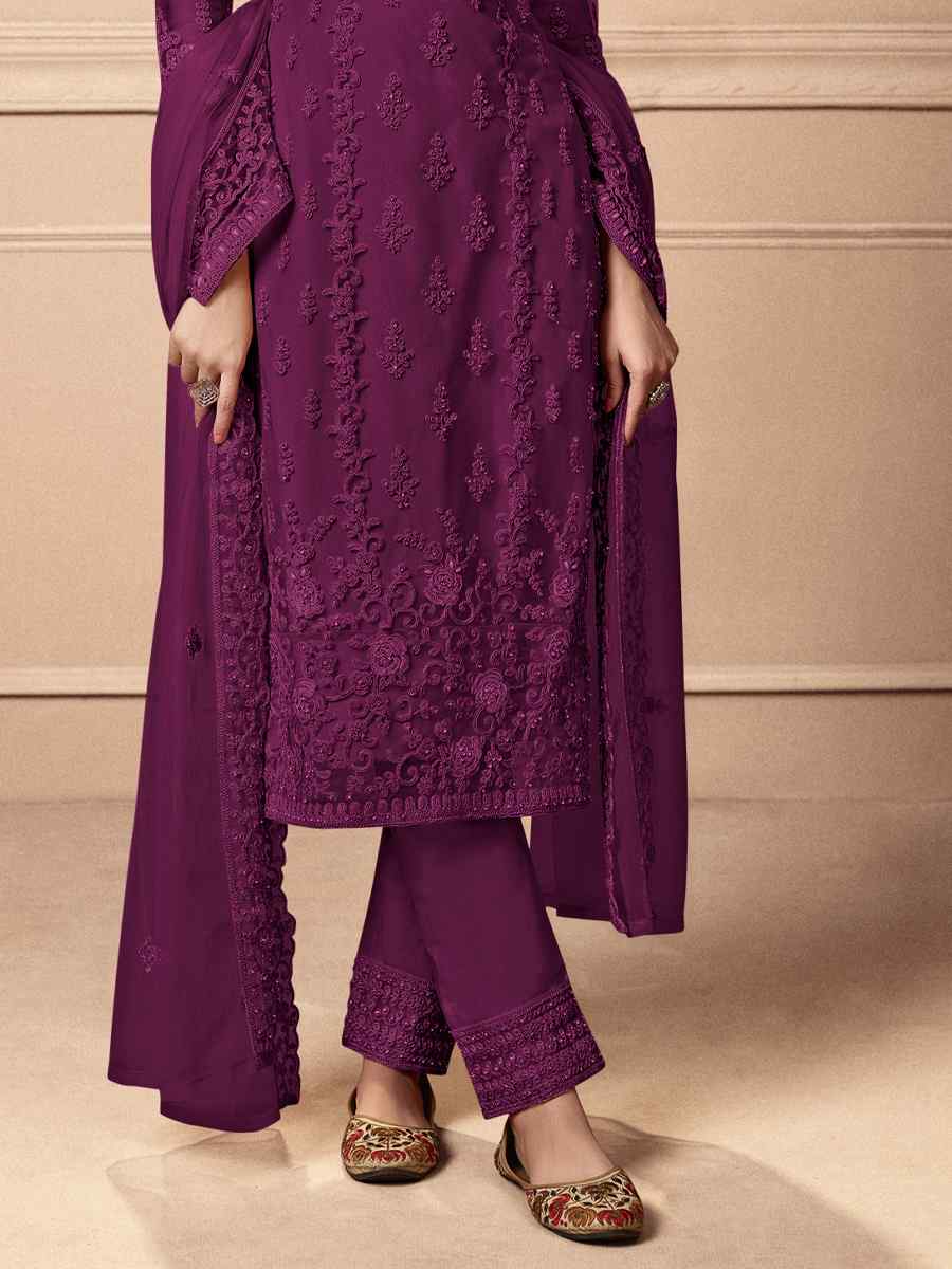 Purple Heavy Butterfly Net Embroidered Festival Wedding Pant Salwar Kameez