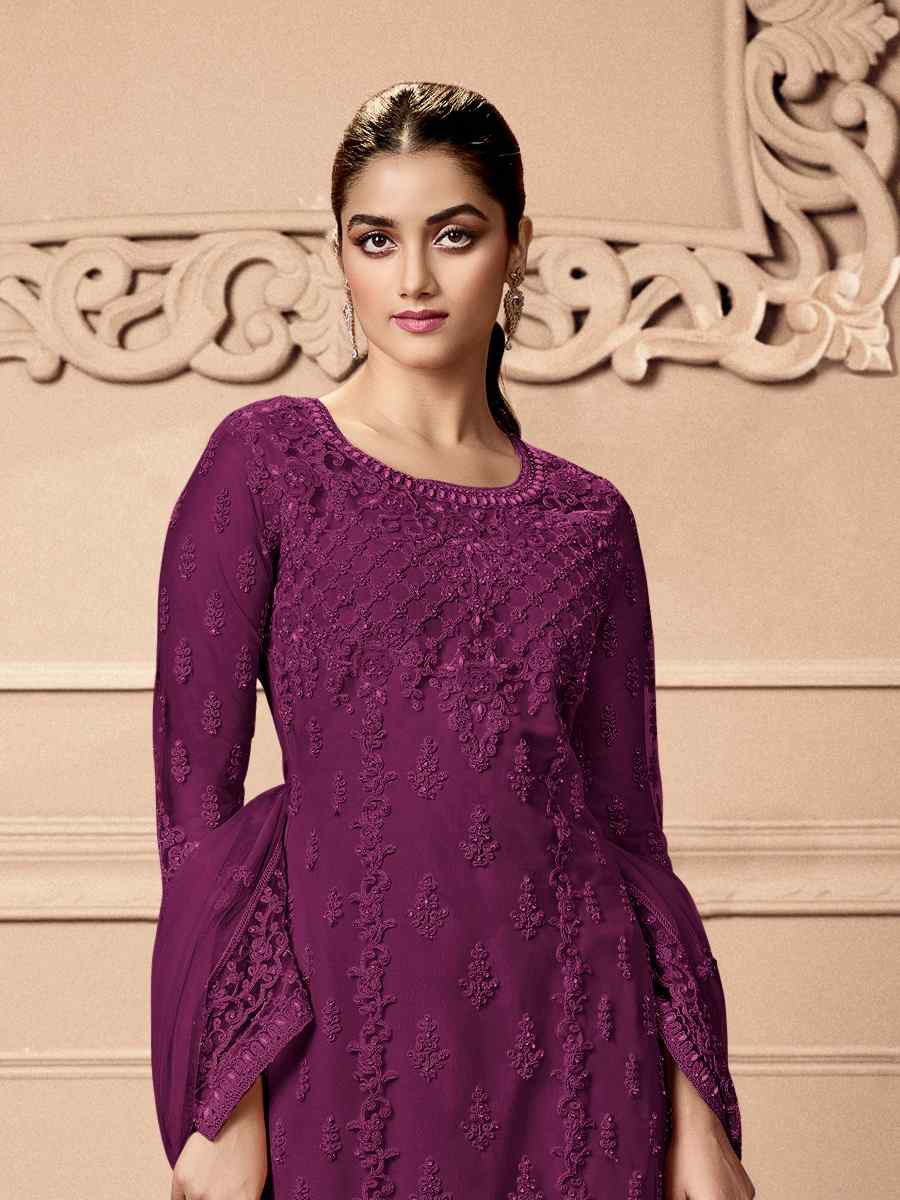 Purple Heavy Butterfly Net Embroidered Festival Wedding Pant Salwar Kameez