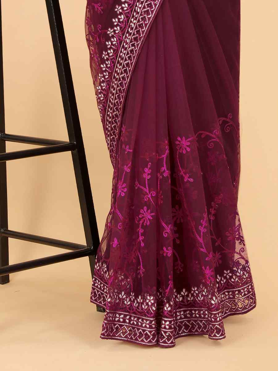 Purple Heavy Butterfly Net Embroidered Party Festival Heavy Border Saree