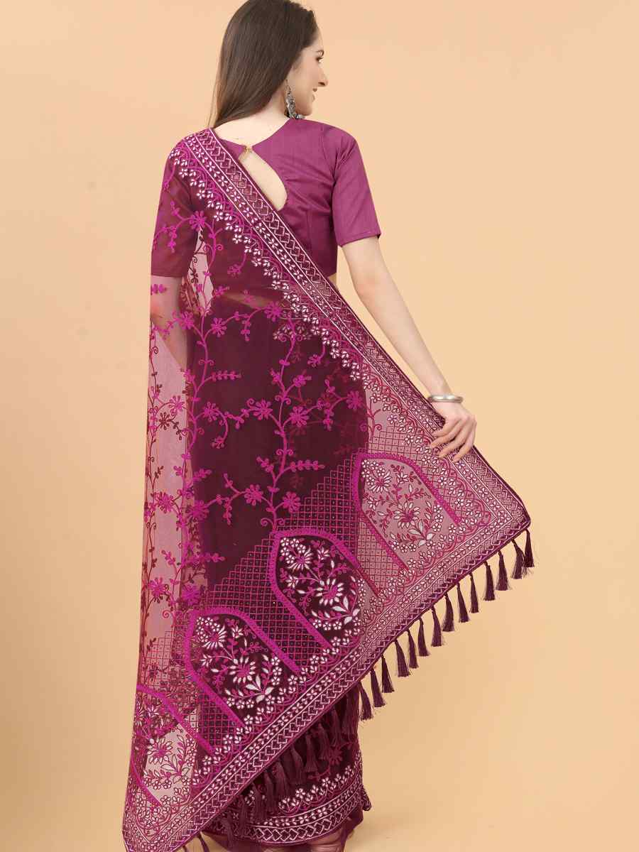 Purple Heavy Butterfly Net Embroidered Party Festival Heavy Border Saree