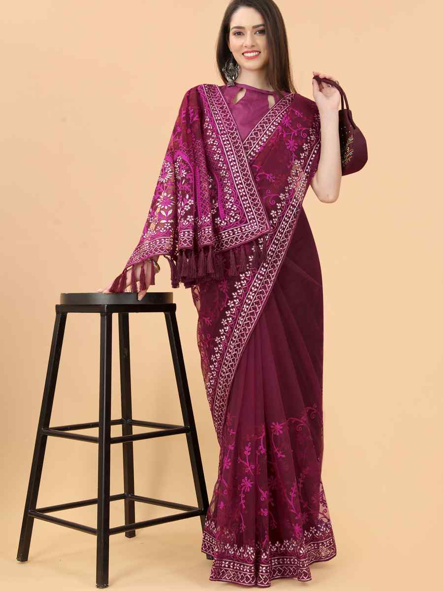 Purple Heavy Butterfly Net Embroidered Party Festival Heavy Border Saree