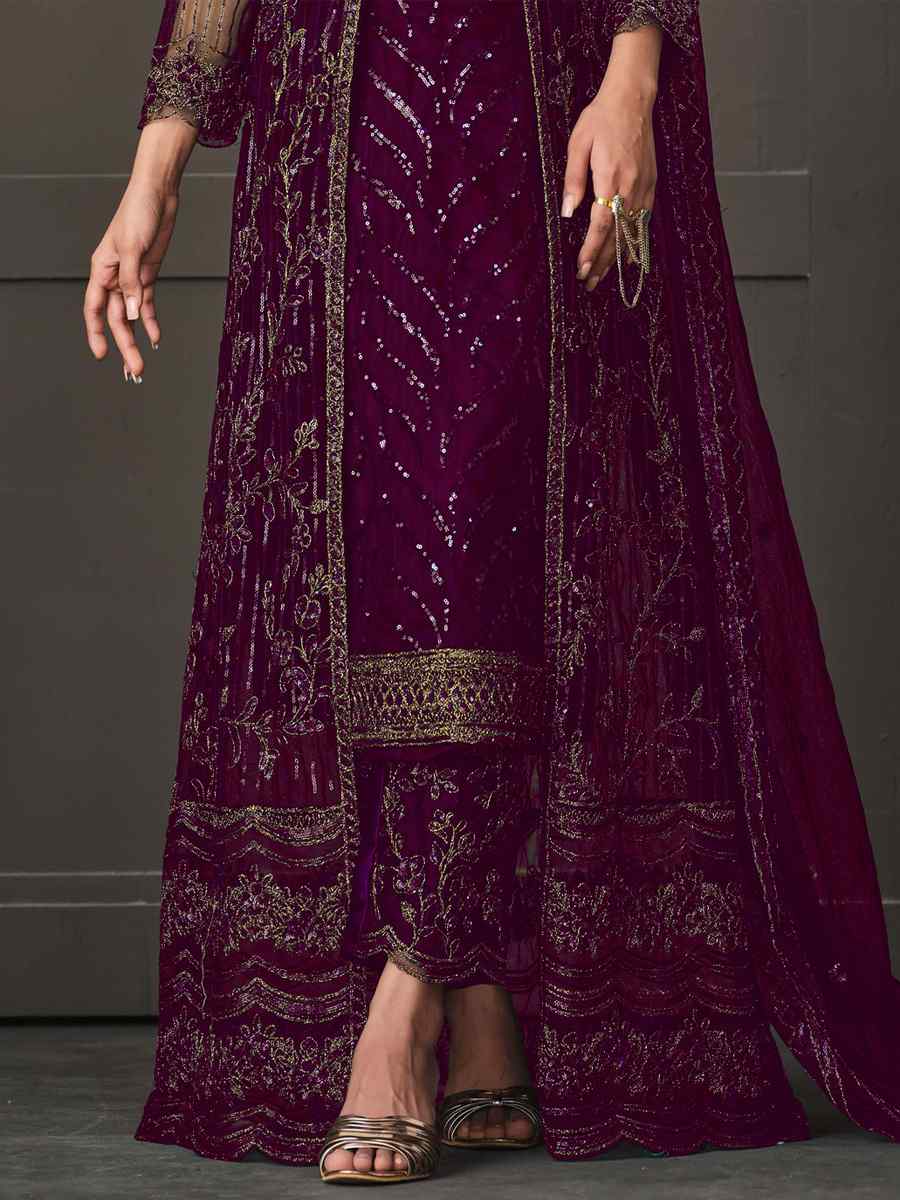 Purple Heavy Butterfly Net Embroidered Party Wedding Lawn Pant Salwar Kameez
