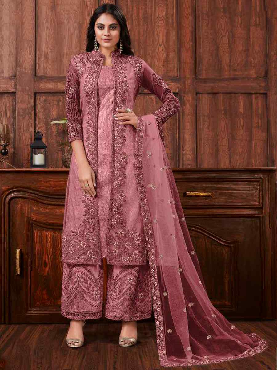 Purple Heavy Butterfly Net Embroidered Wedding Engagement Palazzo Pant Salwar Kameez