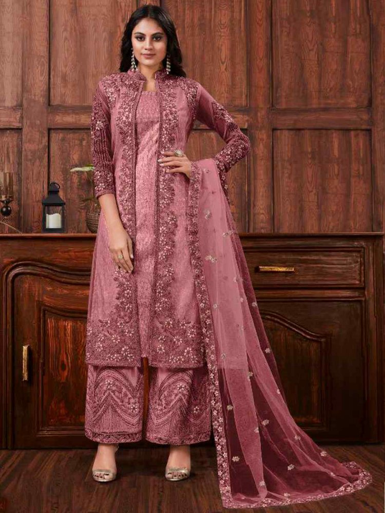Purple Heavy Butterfly Net Embroidered Wedding Engagement Palazzo Pant Salwar Kameez