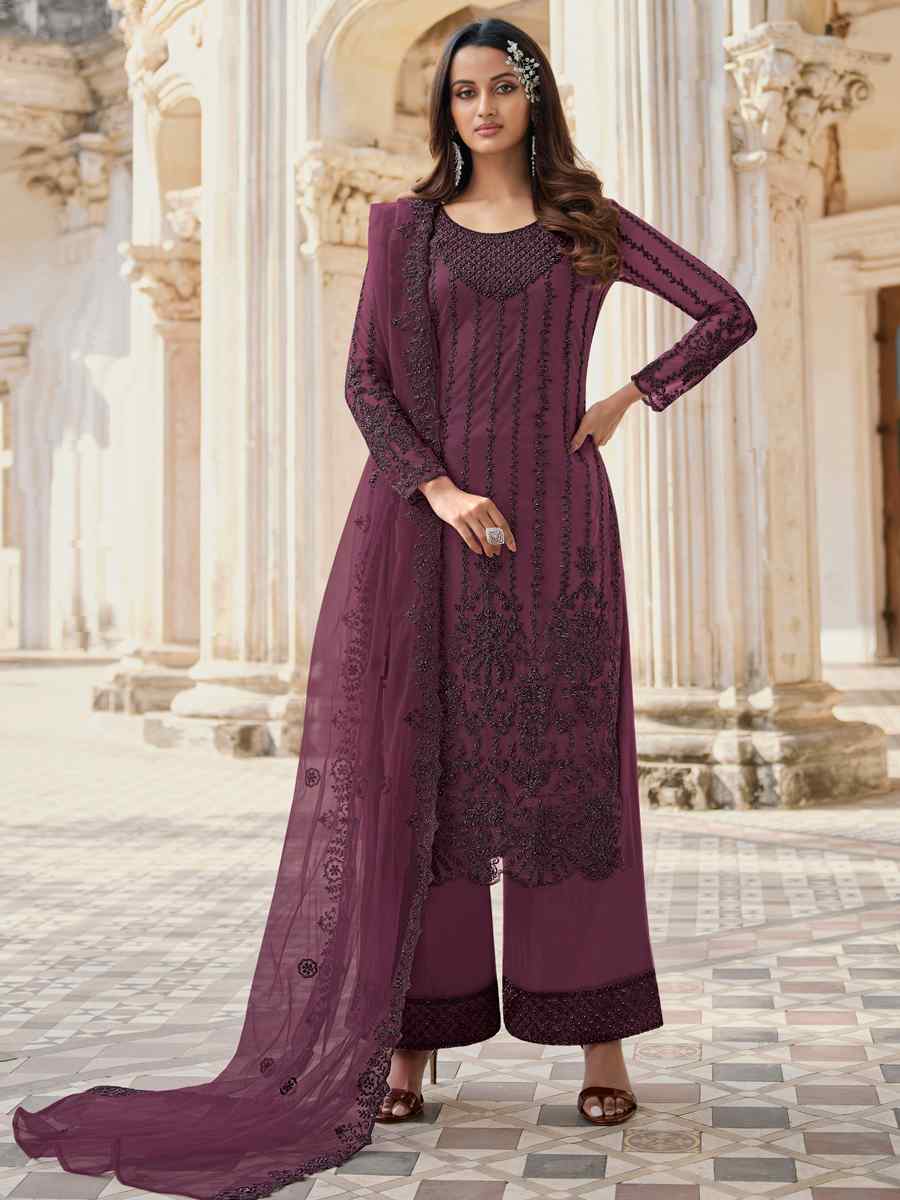 Purple Heavy Butterfly Net Embroidered Wedding Festival Palazzo Pant Salwar Kameez