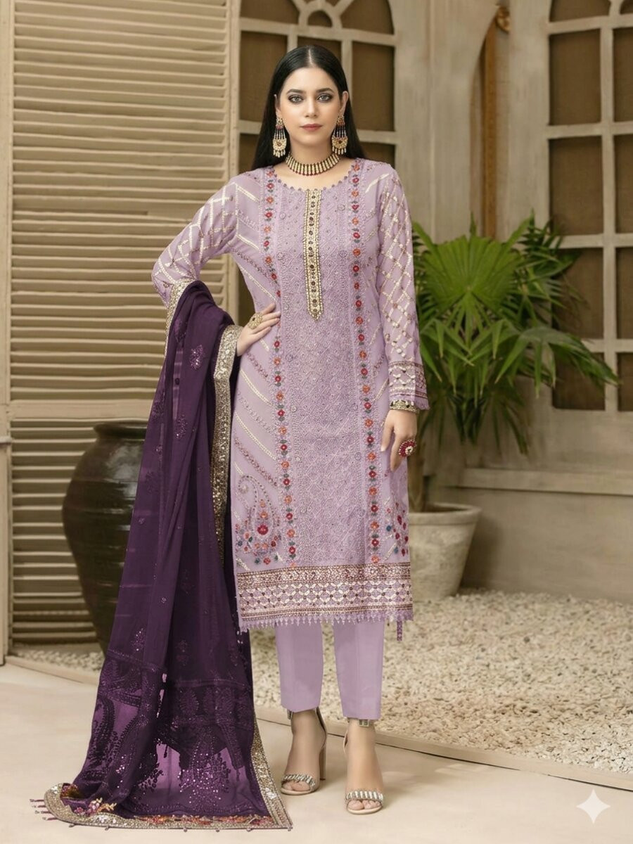 Purple Heavy Chiffon Embroidery Sequins Wedding Party Festival Casual Pant Salwar Kameez