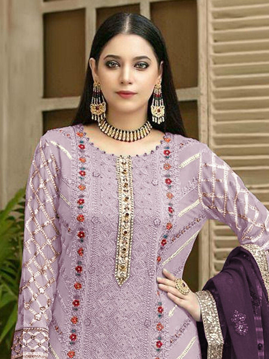 Purple Heavy Chiffon Embroidery Sequins Wedding Party Festival Casual Pant Salwar Kameez