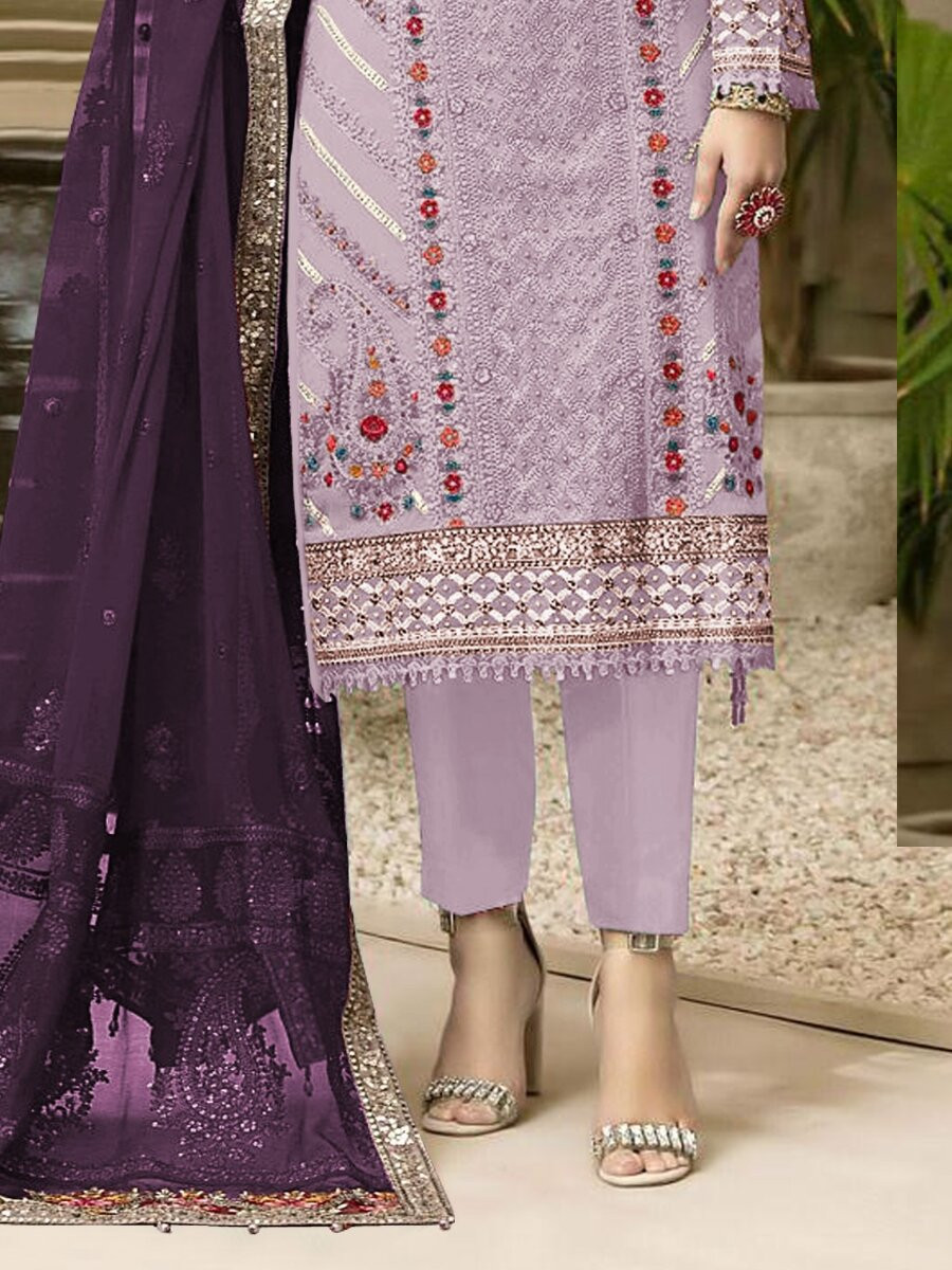 Purple Heavy Chiffon Embroidery Sequins Wedding Party Festival Casual Pant Salwar Kameez